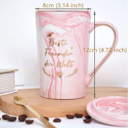 Rosa Keramik Kaffeetasse mit Deckel für Beste Freundin - Geschenk 400