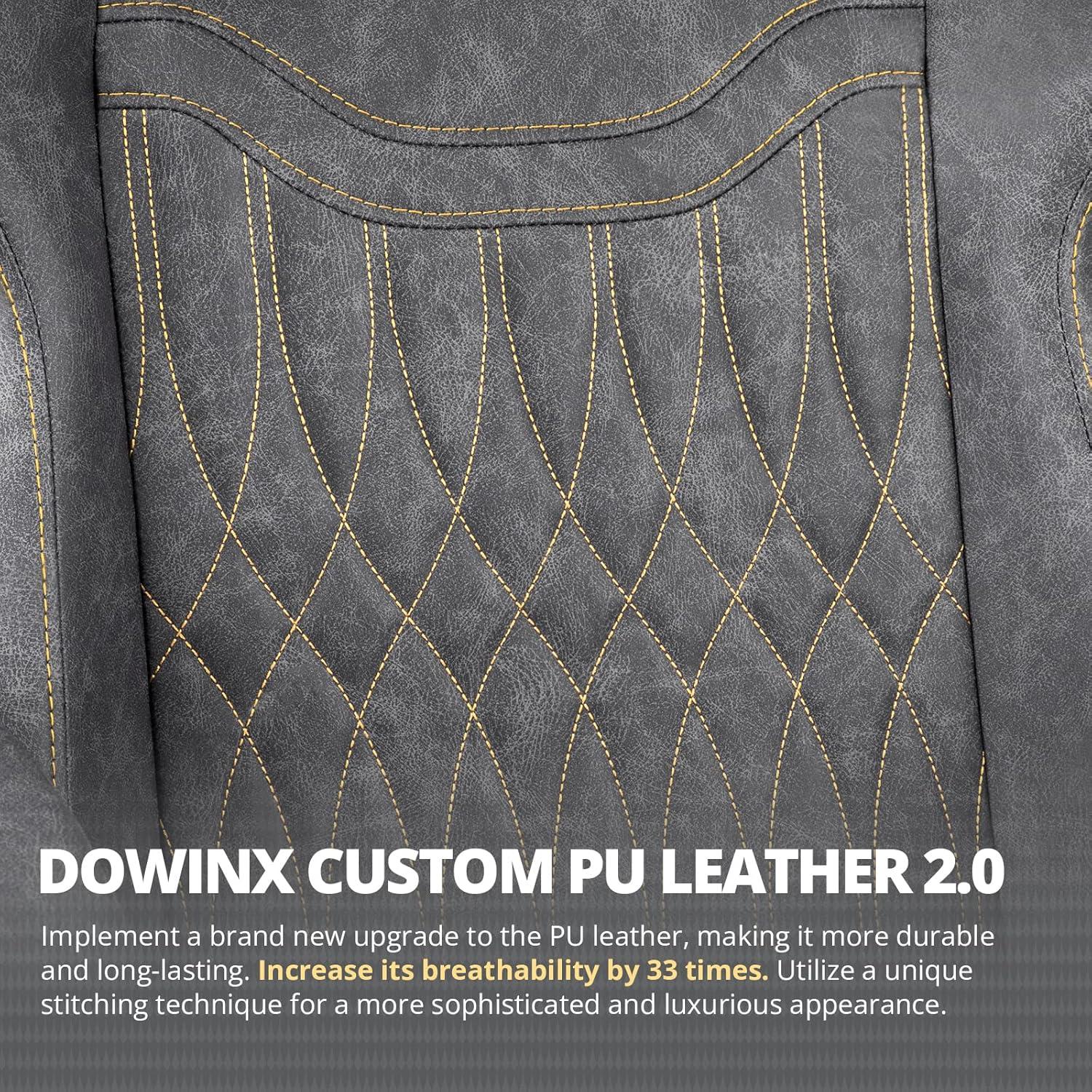 Dowinx Gaming Stuhl mit Frühling Kissen und Massage, Ergonomisch, Fußstütze, Bürostuhl PU Leder Grau