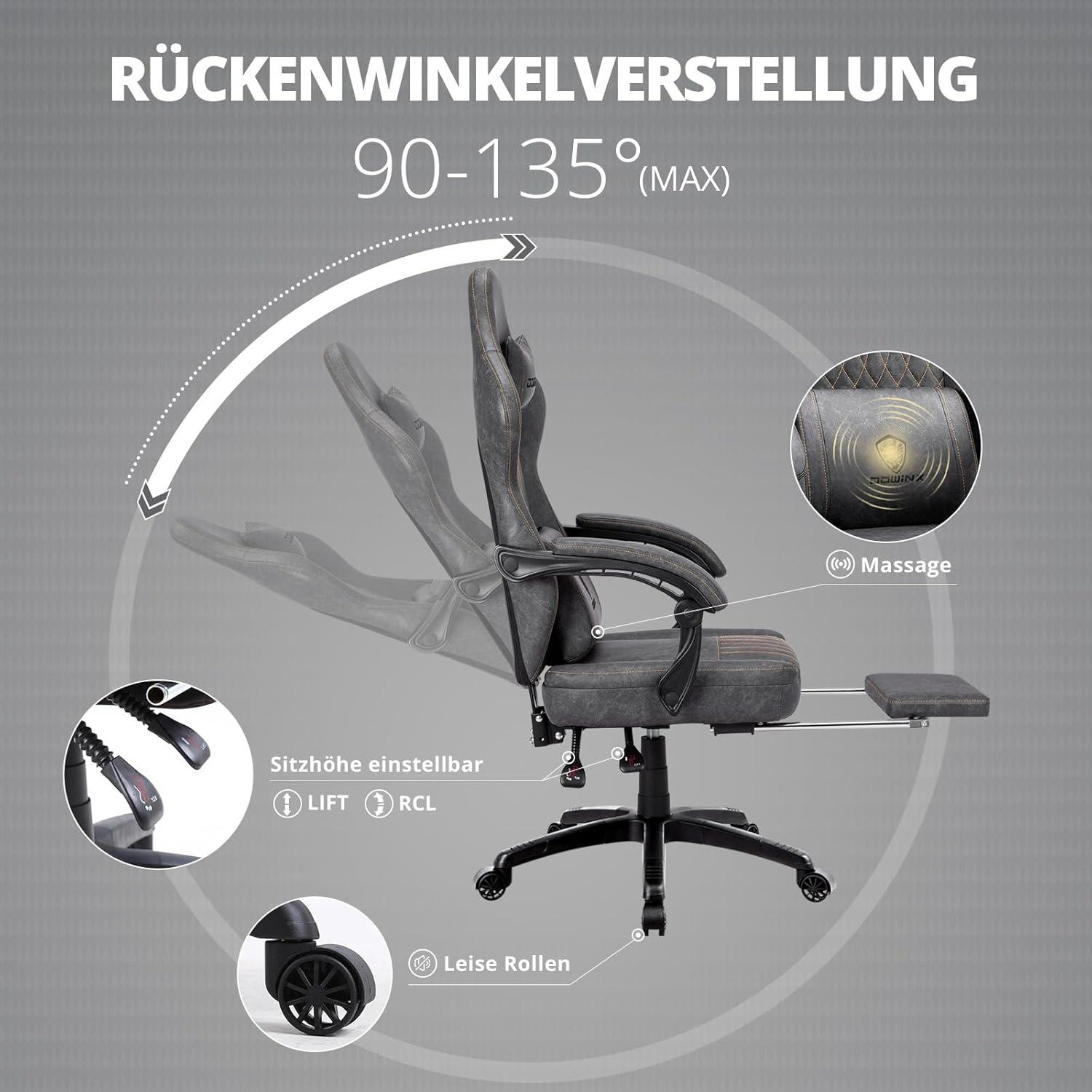 Ergonomischer Gaming Stuhl mit Massage und Fußstütze, Grau