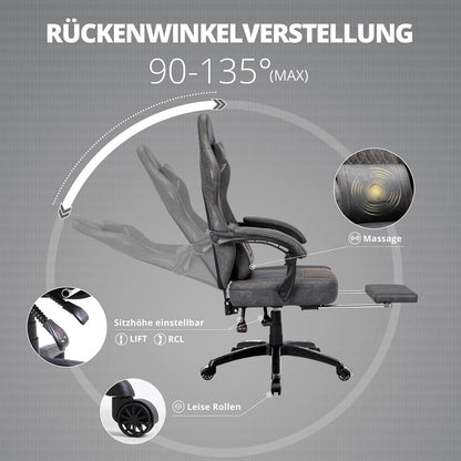 Ergonomischer Gaming Stuhl mit Massage und Fußstütze, Grau