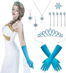 Elsa Kostüm Damen Mädchen Prinzessin Krone Handschuhe Set