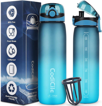Sport Trinkflasche 1L BPA-frei Tritan Zeitmarkierung und Filter Blau