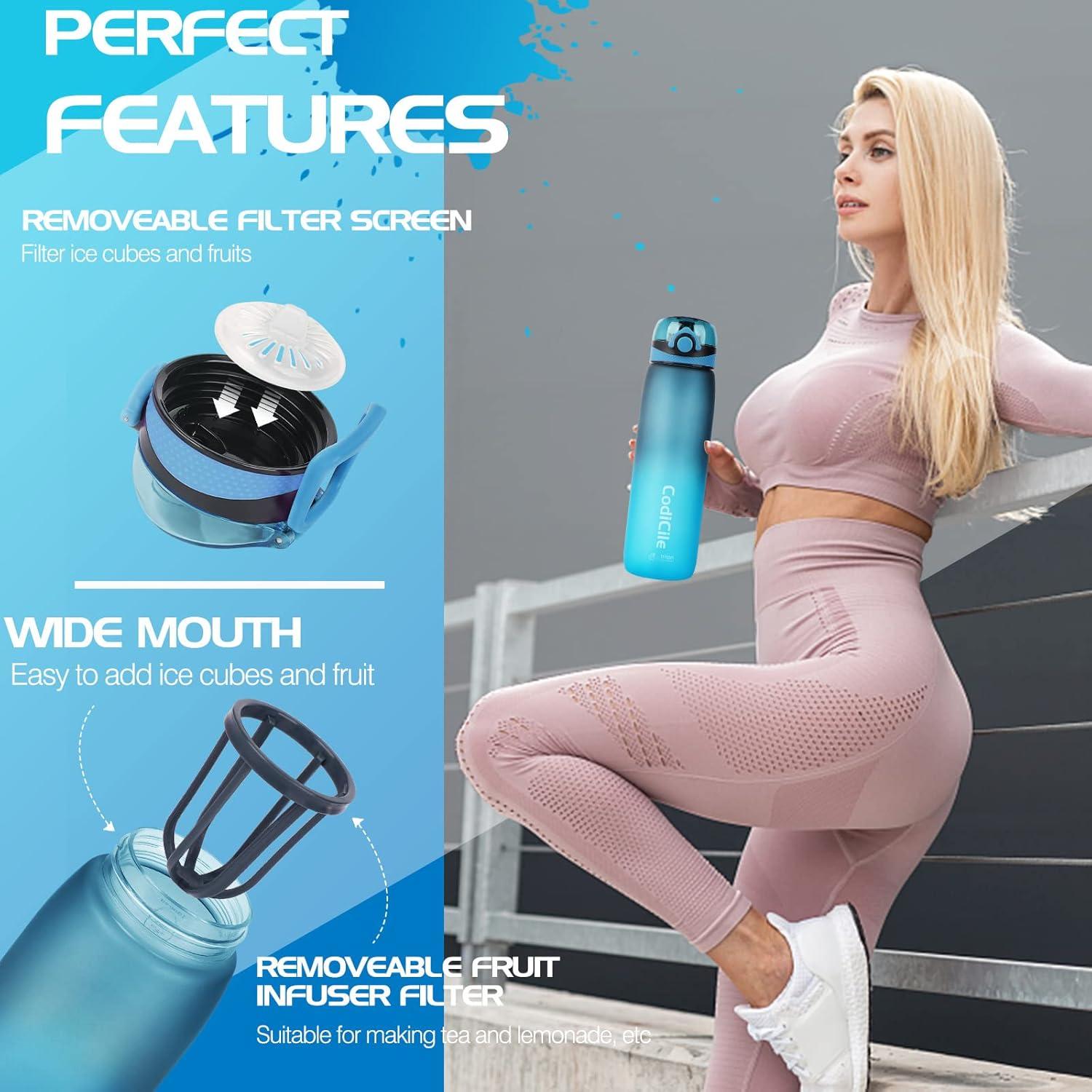 Sport Trinkflasche 1L BPA-frei Tritan Zeitmarkierung und Filter Blau