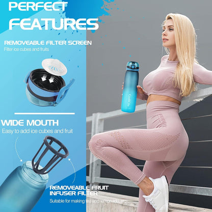 Sport Trinkflasche 1L BPA-frei Tritan Zeitmarkierung und Filter Blau