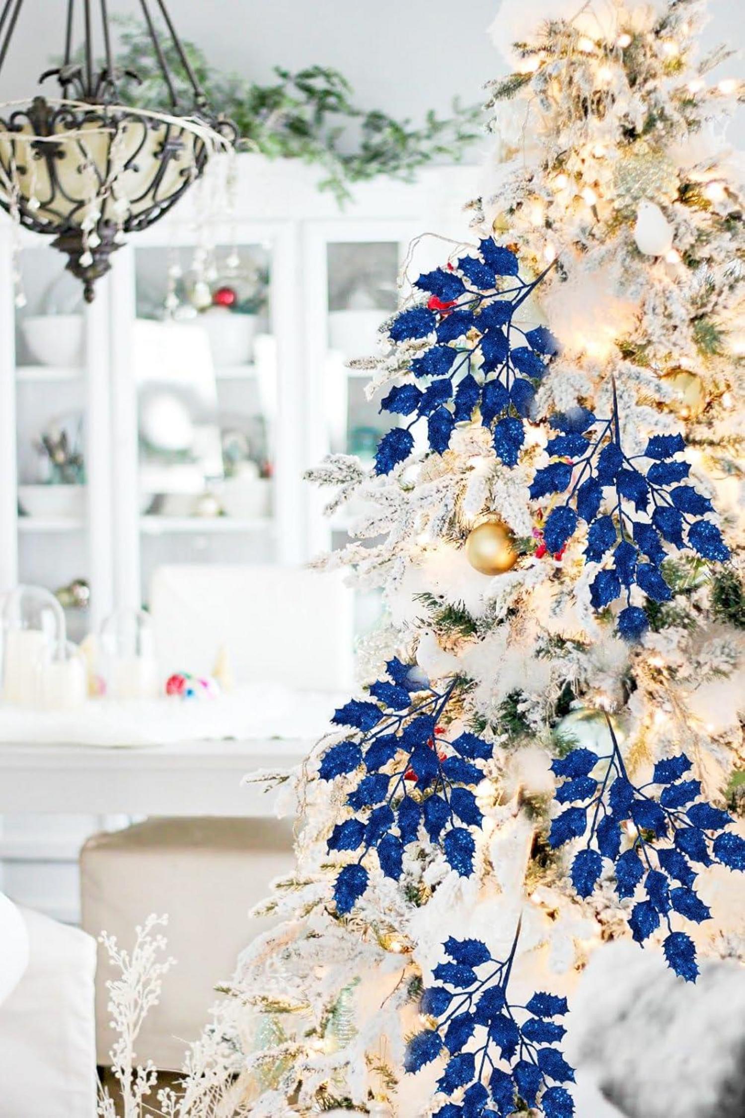 Dekozweig Weihnachtsdeko Kunstpflanze Glitzernde Eichenblätter 6er Set