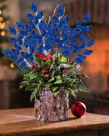 6er Set Kunstzweige Weihnachtsdeko Eichenblätter Glitzernd 58cm Blau