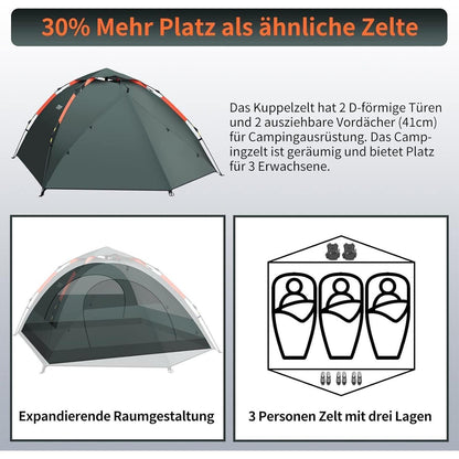 3-Personen Pop-Up Zelt, 4 Jahreszeiten, Wasserdicht, Grün