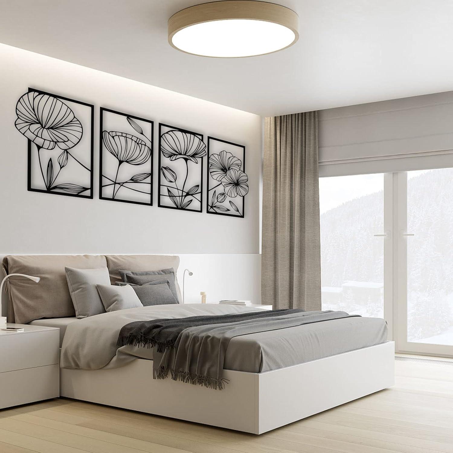 Lotusblume Metall Wanddekoration Schwarz 4 Stück, Ästhetische Blumen Kunst