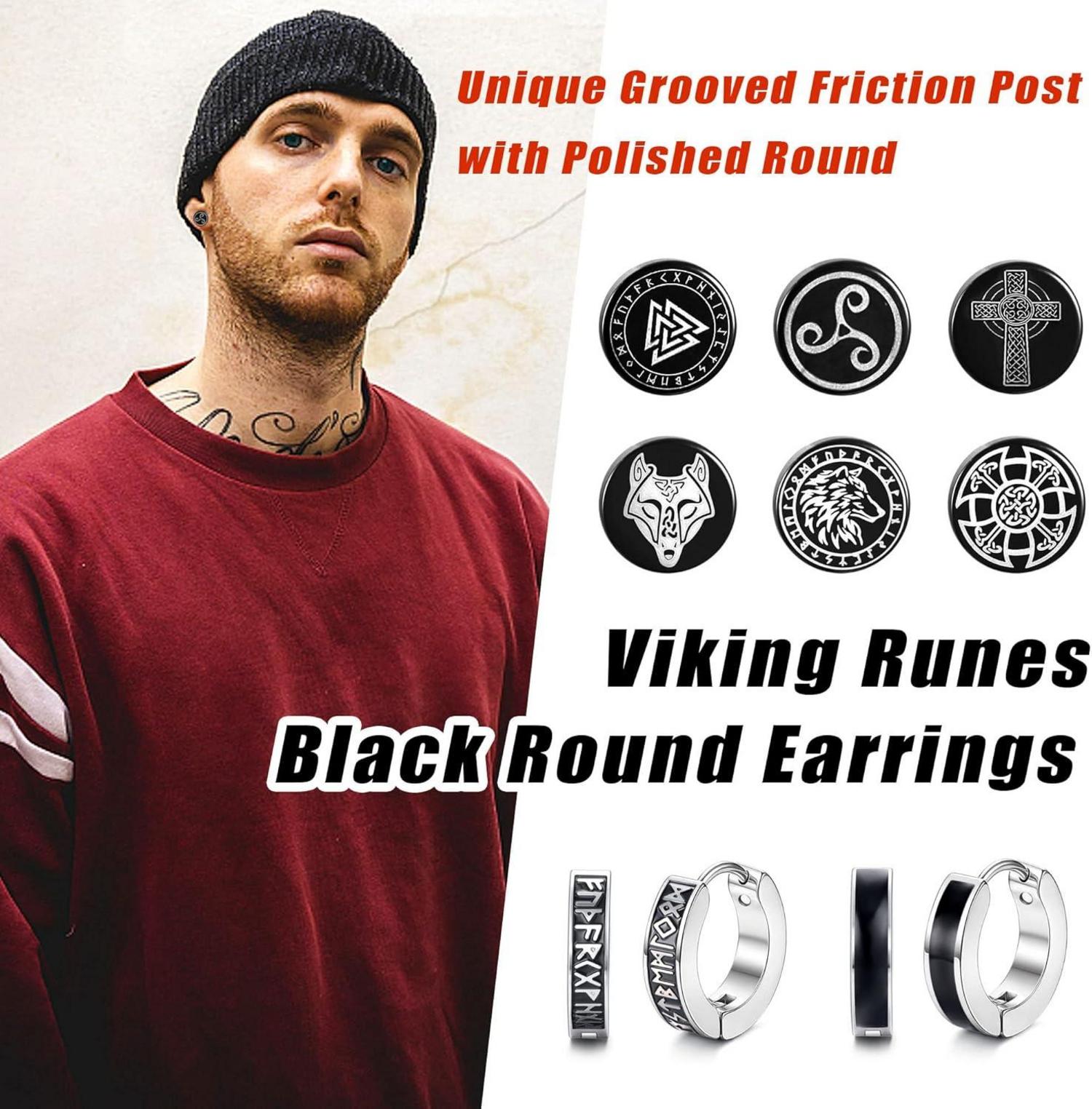 Wikinger Edelstahl Ohrstecker Set Schwarze Ohrringe Wolfskopf Rune enthalten