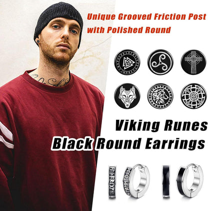 Wikinger Edelstahl Ohrstecker Set Schwarze Ohrringe Wolfskopf Rune enthalten
