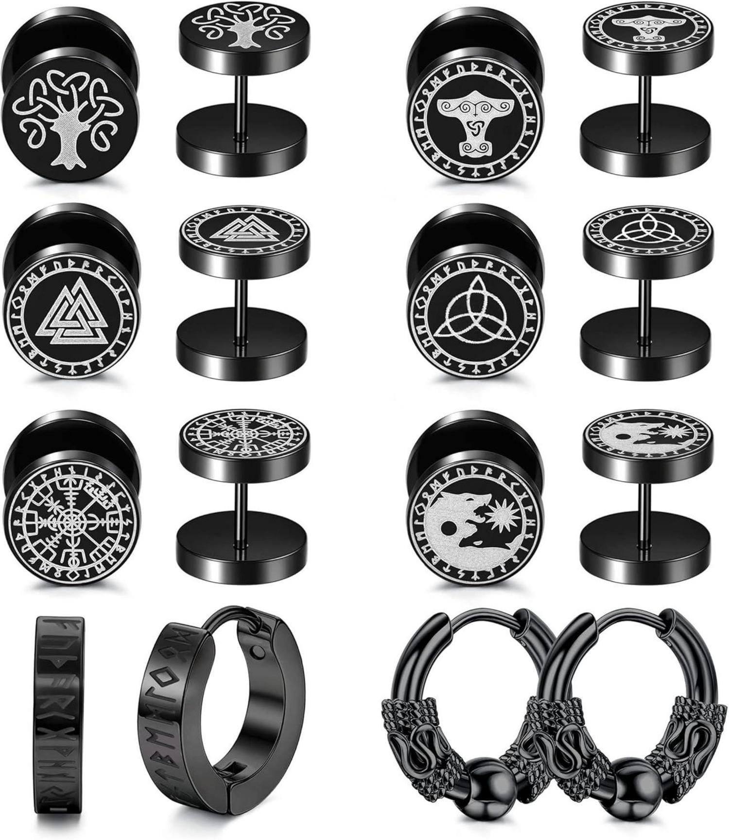 Wikinger Rune Ohrstecker Set Herren Schwarz Edelstahl 8Paar