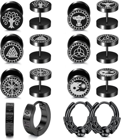 Wikinger Rune Ohrstecker Set Herren Schwarz Edelstahl 8Paar