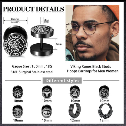 Herren Ohrstecker Edelstahl Wikinger Rune Schwarze Wolfskopf