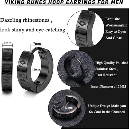 Wikinger Rune Ohrstecker Set Herren Schwarz Edelstahl 8Paar