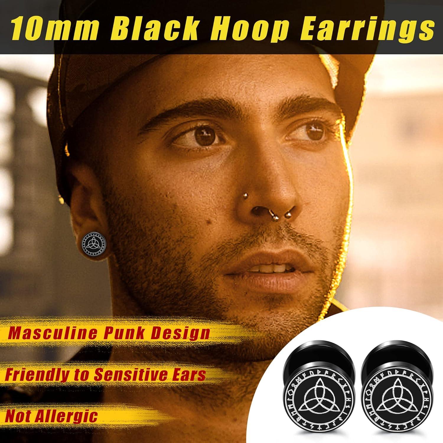 Wikinger Rune Herren Ohrstecker Set Schwarze Ohrringe Wolfskopf Piercings Kreolen