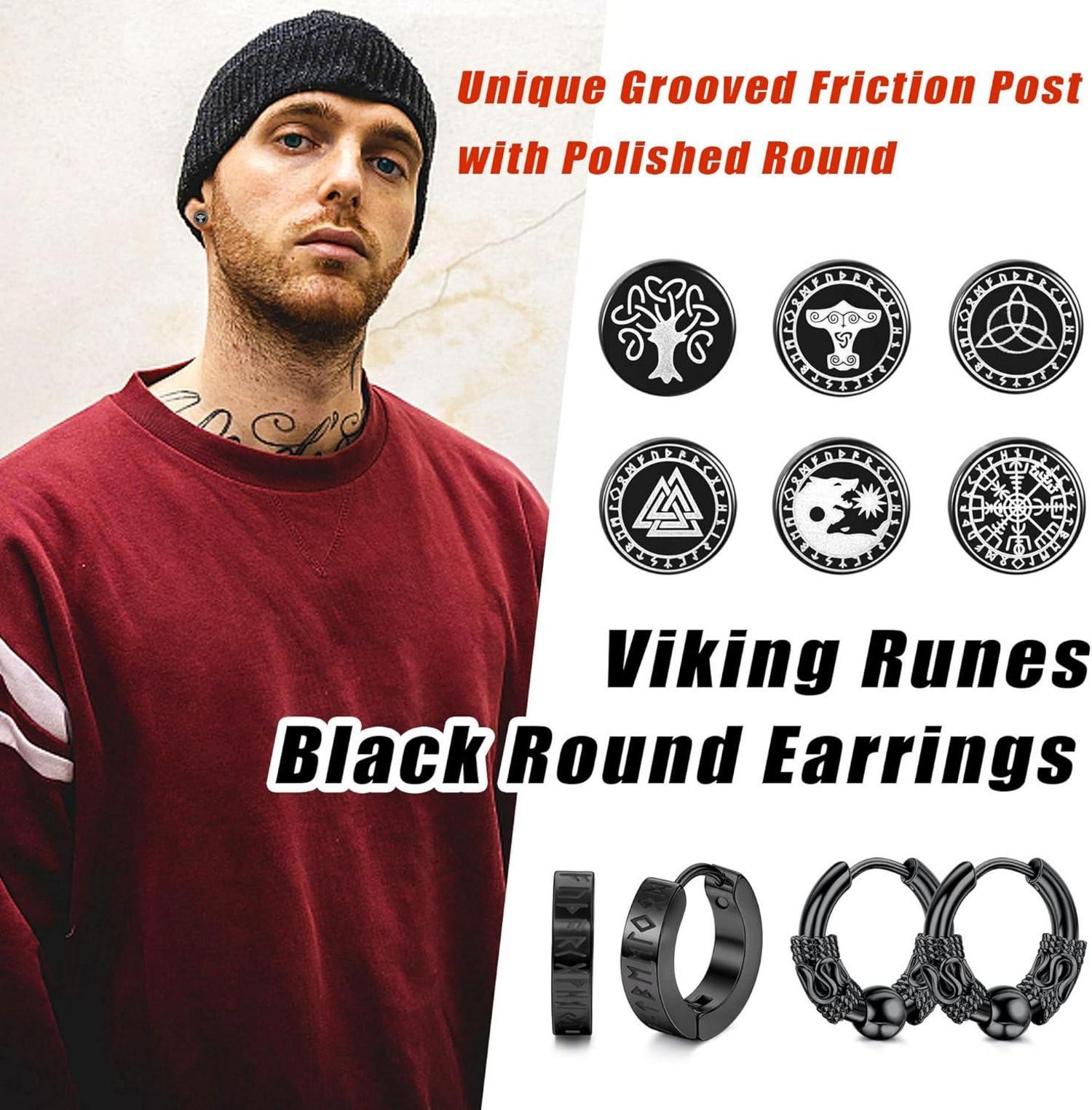 Herren Edelstahl Wikinger Rune Schwarze Ohrringe 8Paar Set