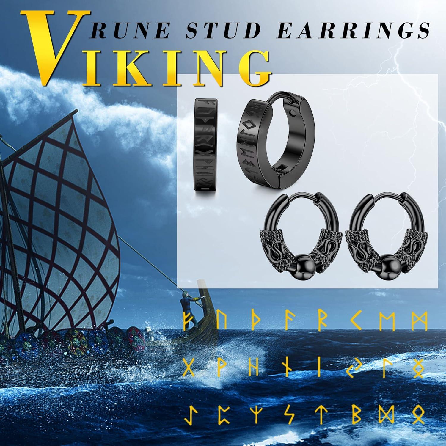 Herren Ohrstecker Set Wikinger Rune Schwarze Ohrringe Wolfskopf