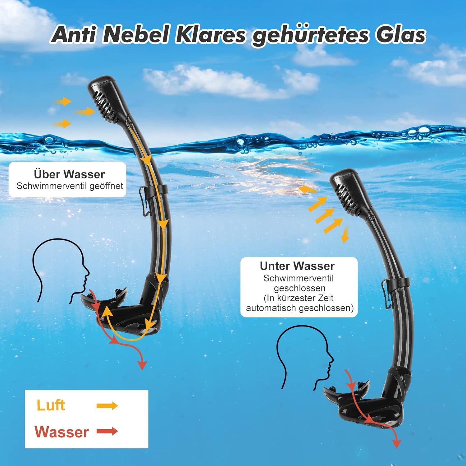 Schnorchelset Erwachsene Tauchmaske Taucherbrille mit Schnorchel Volltrocken Anti-Leck Anti-Fog Schwarz