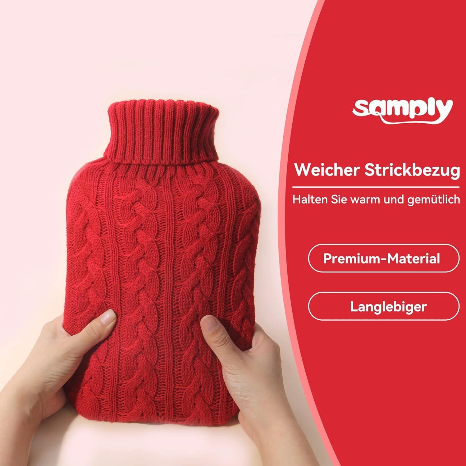 Wärmflasche mit Strickbezug 2L groß Rot - Premium Qualität