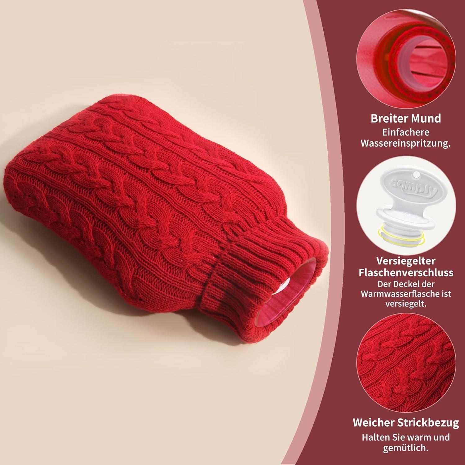 samply Wärmflasche mit Strickbezug 2L groß - Premium Qualität Rot