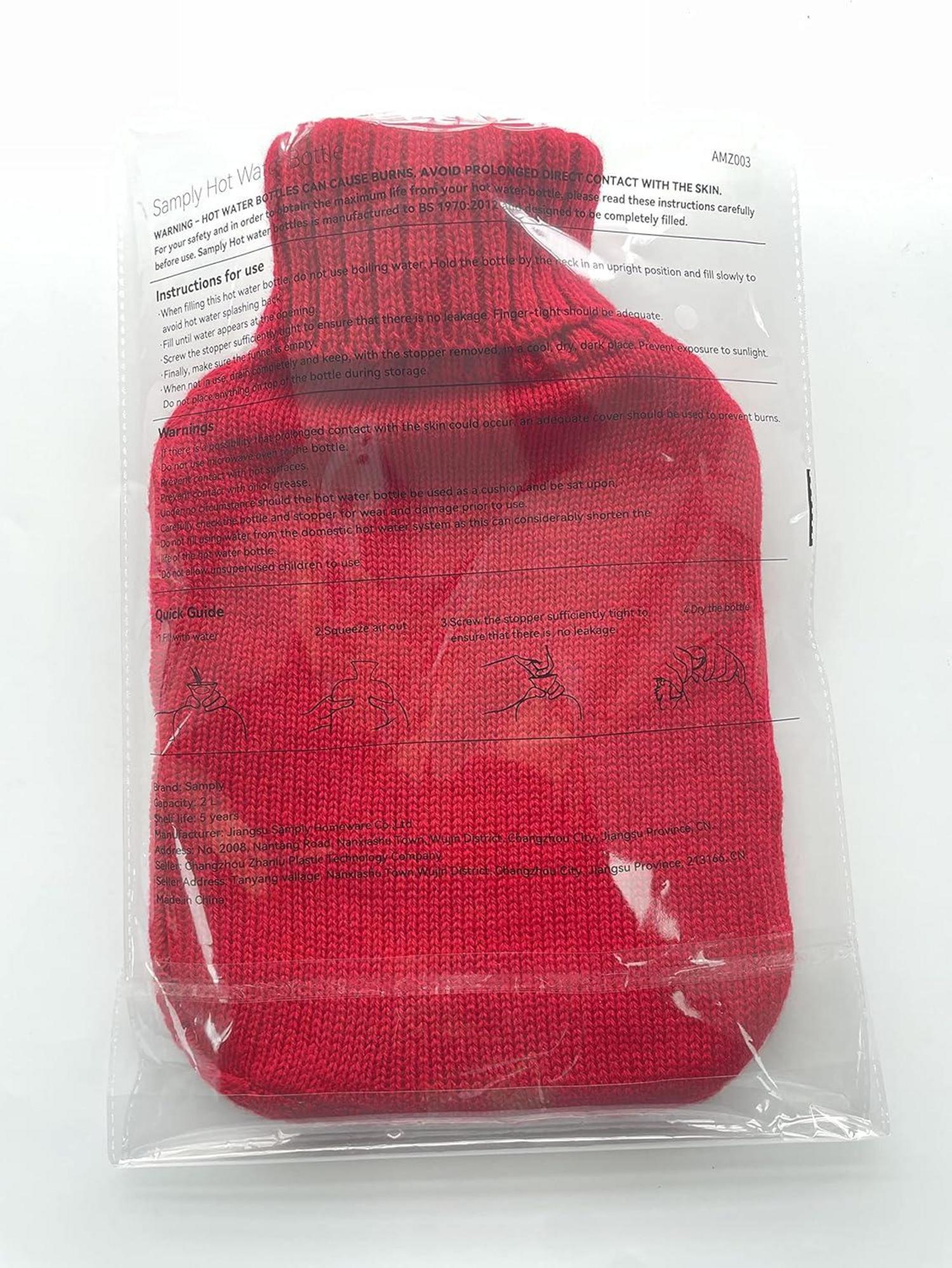 samply Wärmflasche mit Strickbezug 2L groß - Premium Qualität Rot