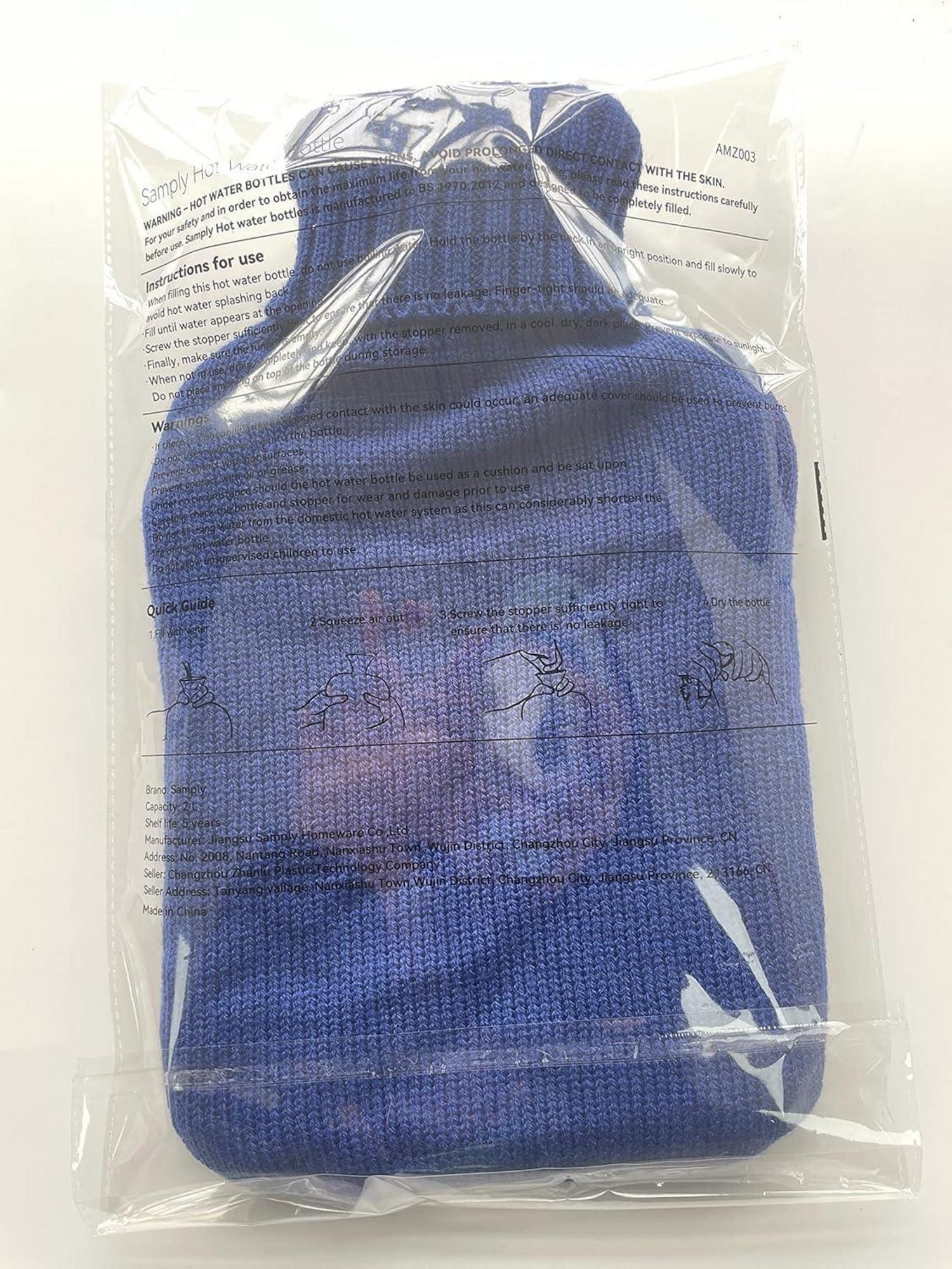 Wärmflasche 2L mit Weichem Strickbezug Navy Blau - Hochwertig & Langlebig