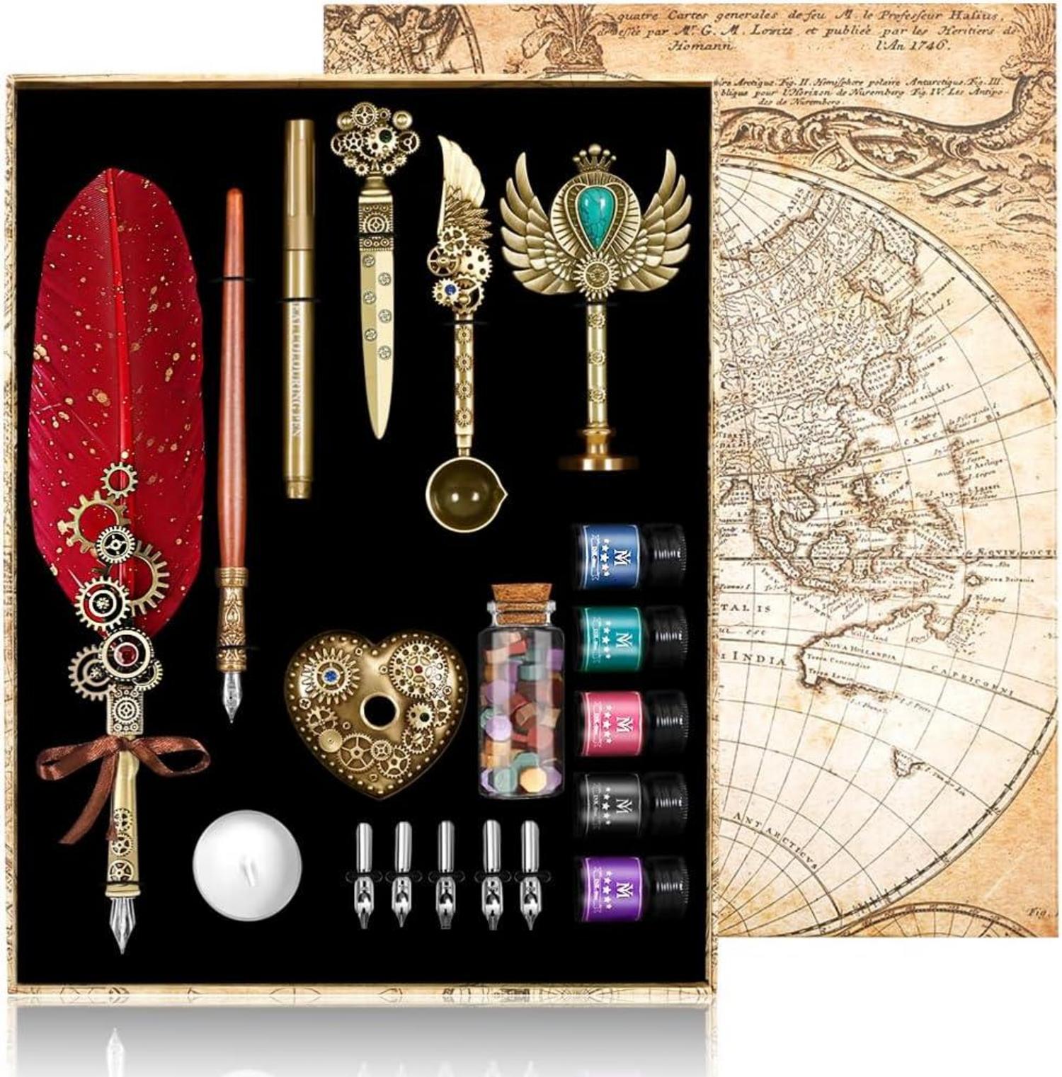 Vintage Feather Quill and Ink Set with Wax Seal Kit Black