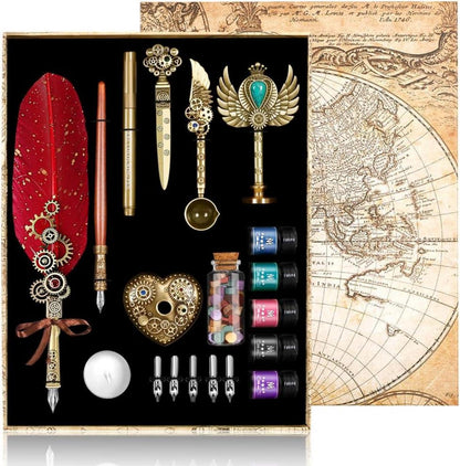 Vintage Feather Quill and Ink Set with Wax Seal Kit Black