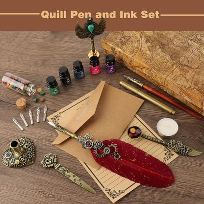 Vintage Feather Quill and Ink Set with Wax Seal Kit Black