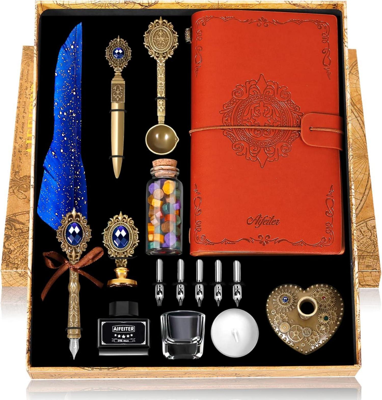 Feder Kalligraphie Set Vintage Look Luxus Geschenk Blau