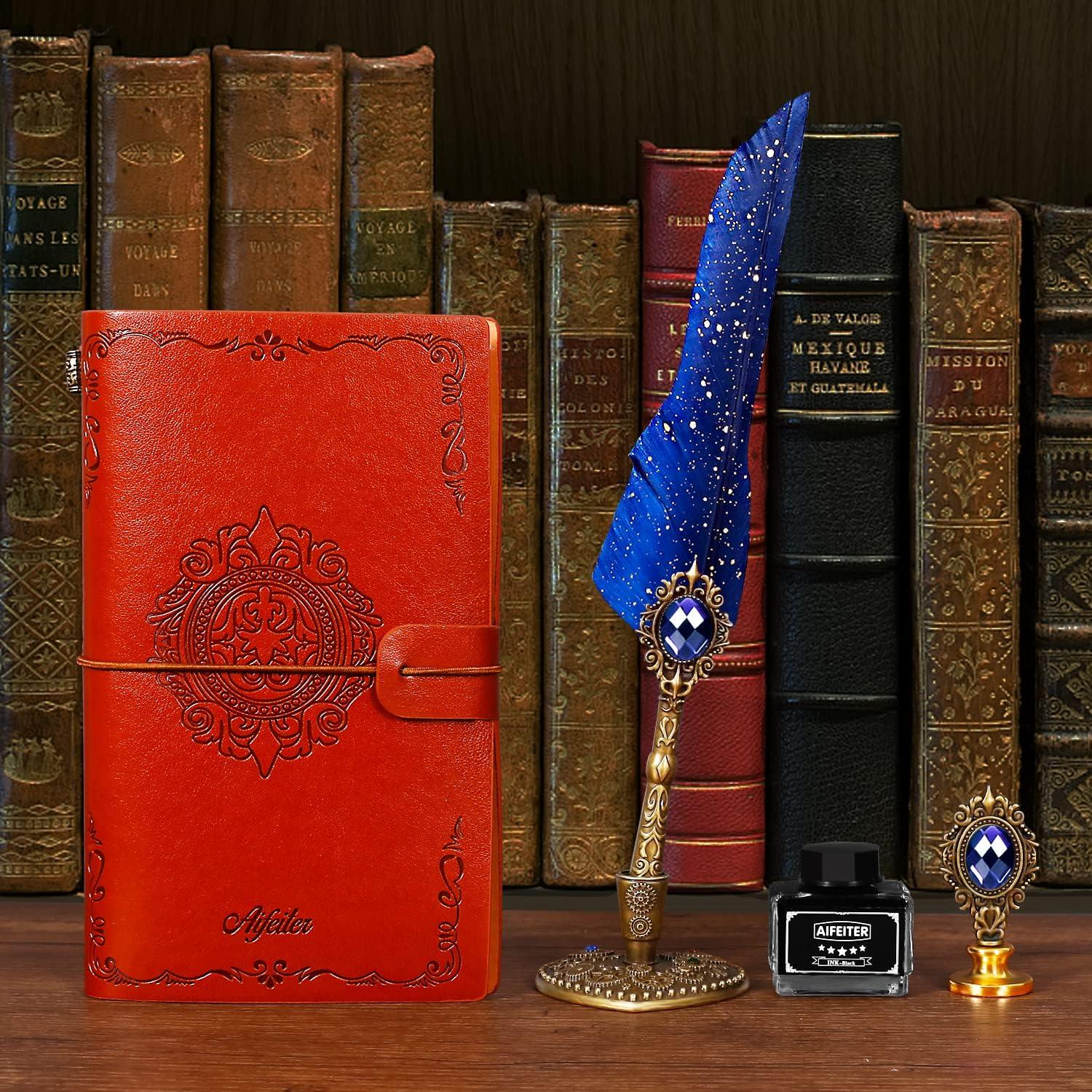 Kalligraphie Feder Set mit Notizbuch, Wachssiegel Stempel, Tinte - Blau