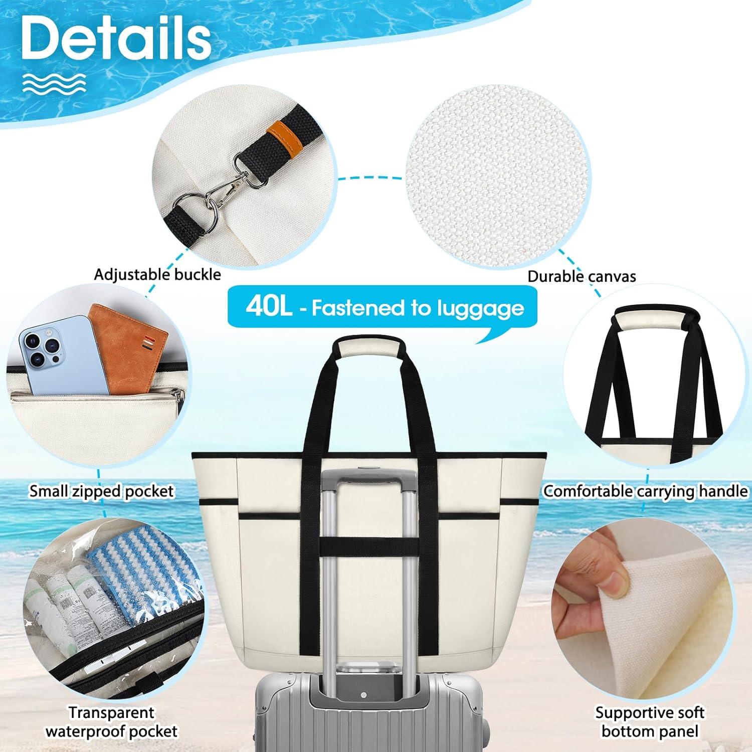 Strandtasche XXL Damen Groß mit Reißverschluss Wasserdicht 40L Beige