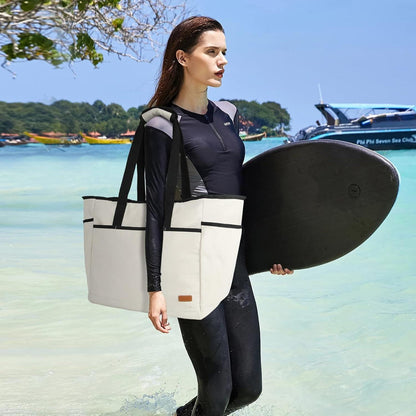 Strandtasche XXL Damen Groß mit Reißverschluss Wasserdicht 40L Beige