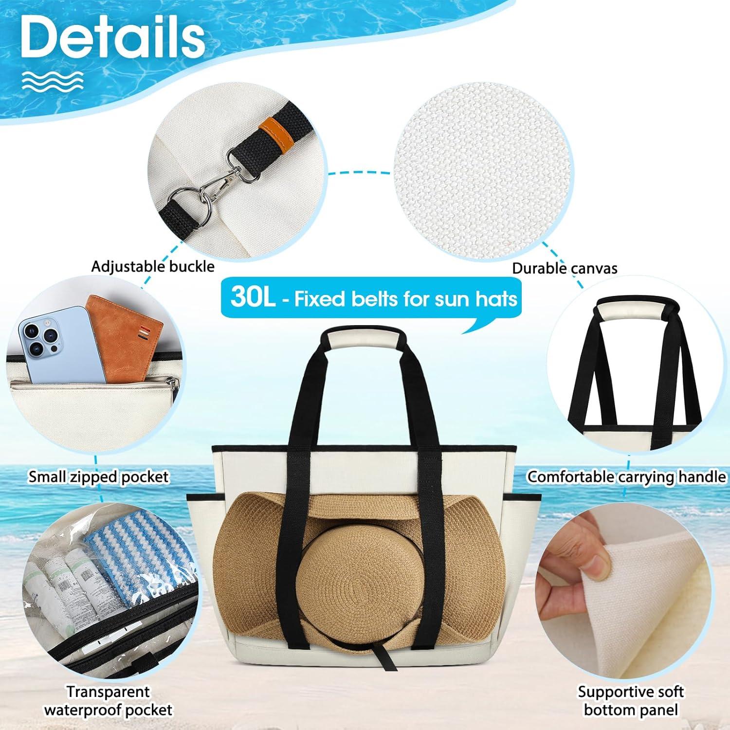 Strandtasche XXL Damen Groß mit Reißverschluss Wasserdicht 30L Beige