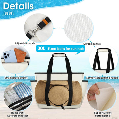 Strandtasche XXL Damen Groß mit Reißverschluss Wasserdicht 30L Beige