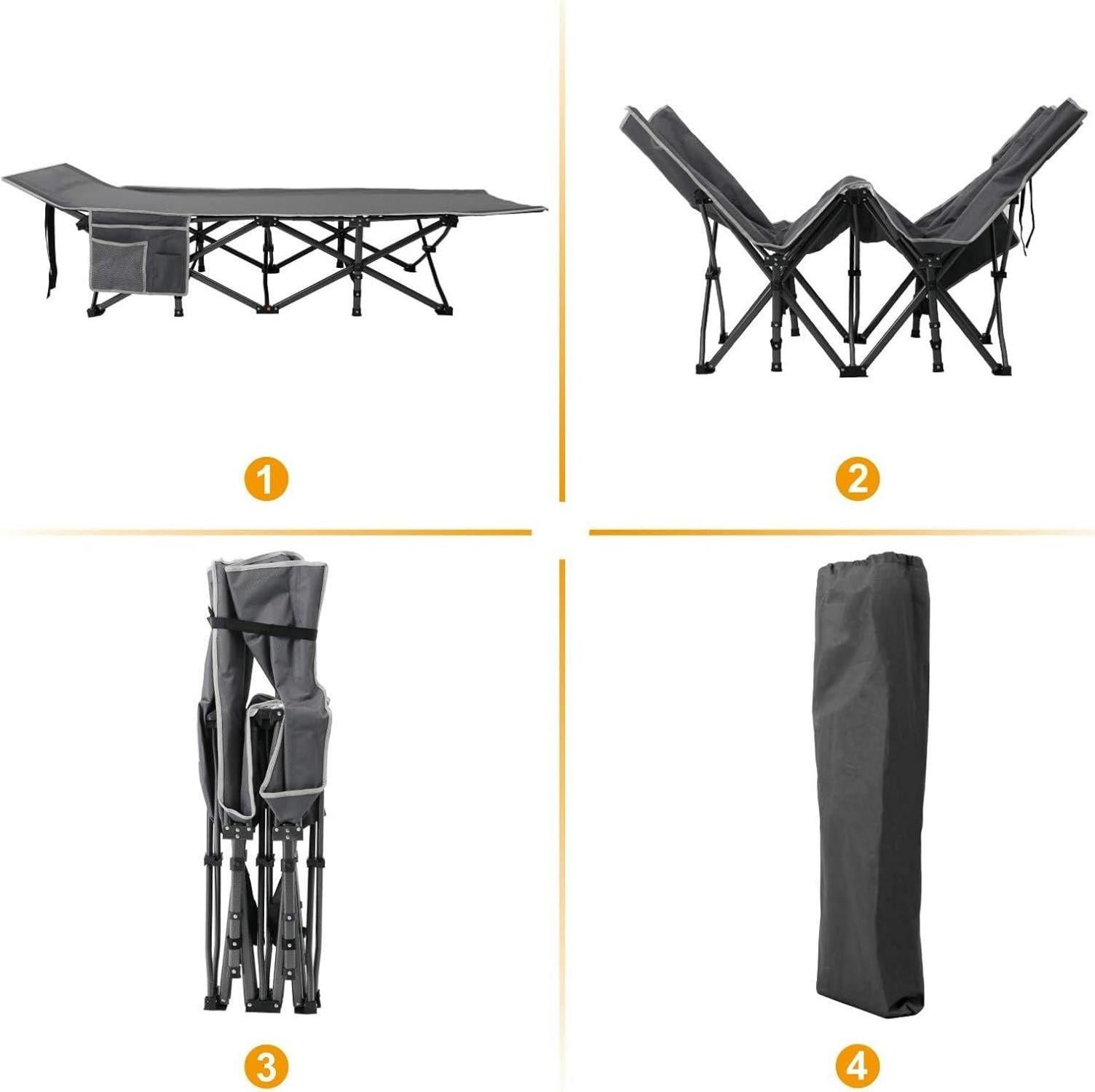Faltbares XL Campingbett mit Seitentasche Grau Outdoorbett