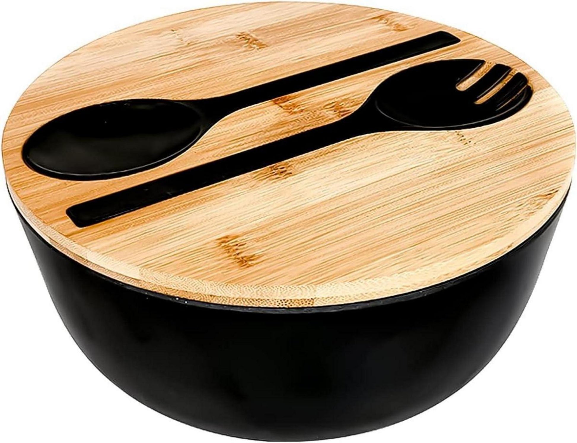 Salatschüssel mit Servierbesteck, Schneidebrett, Deckel