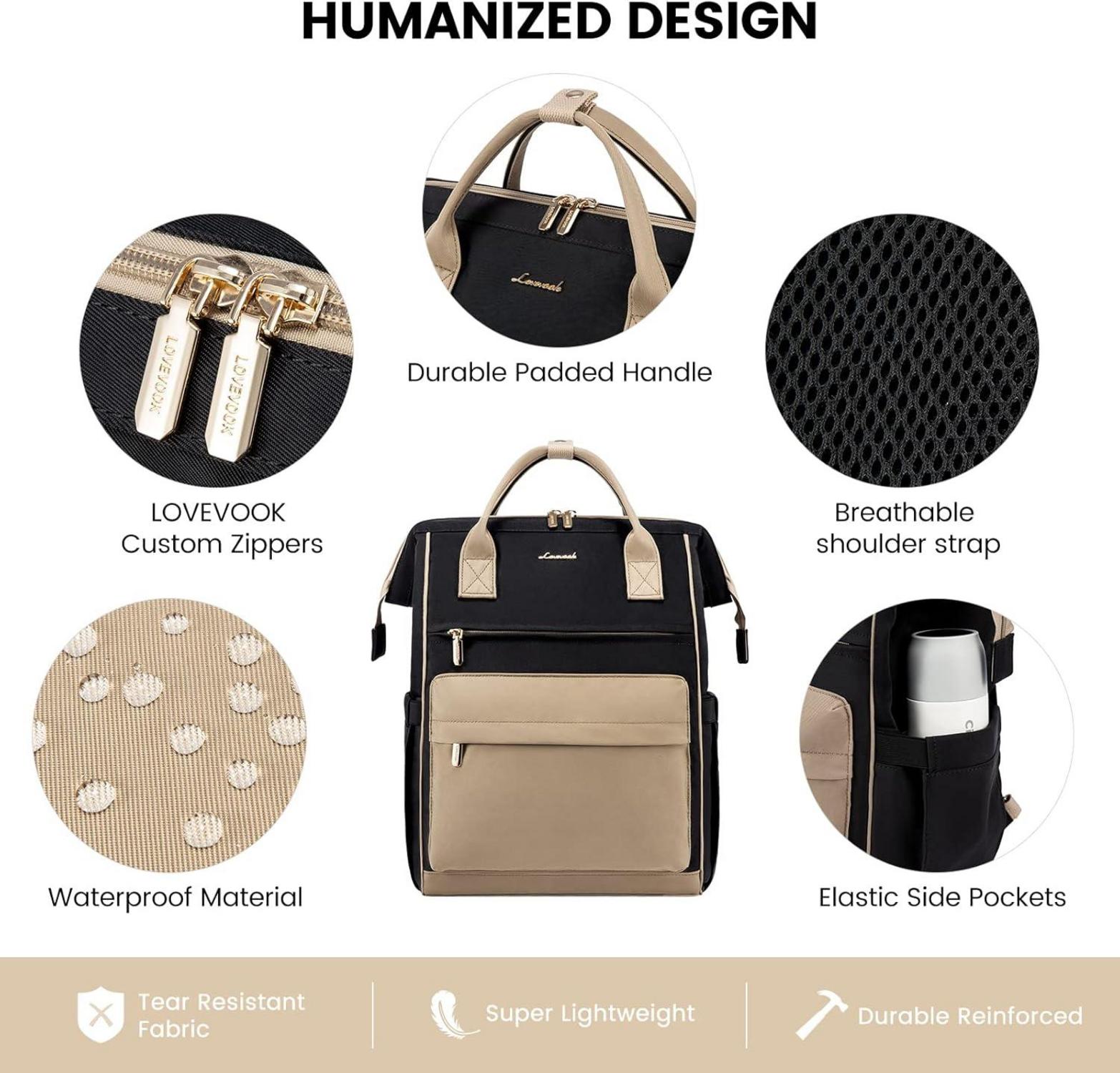 Wasserdichter Schulrucksack mit Laptopfach 15,6 Zoll für Damen und Herren, Schwarz