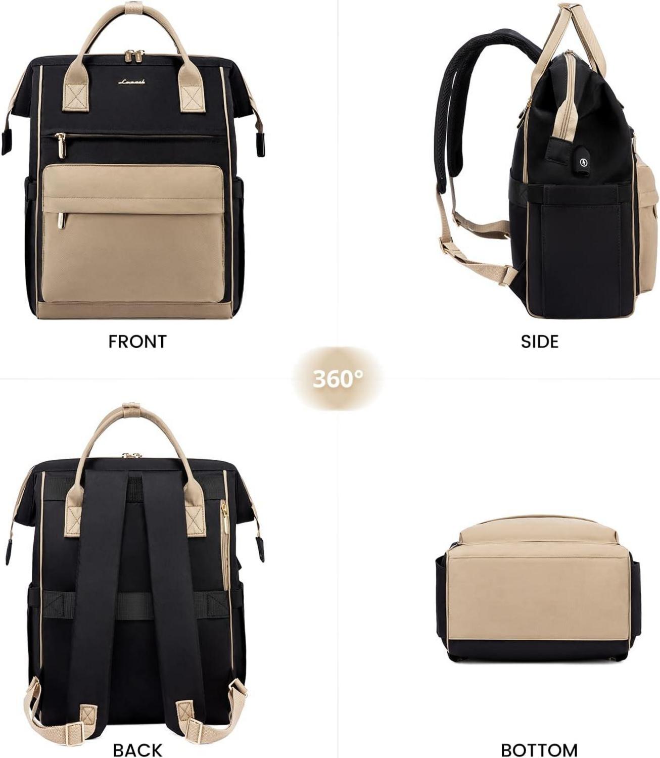 Wasserdichter Schulrucksack mit Laptopfach 15,6 Zoll für Damen und Herren, Schwarz