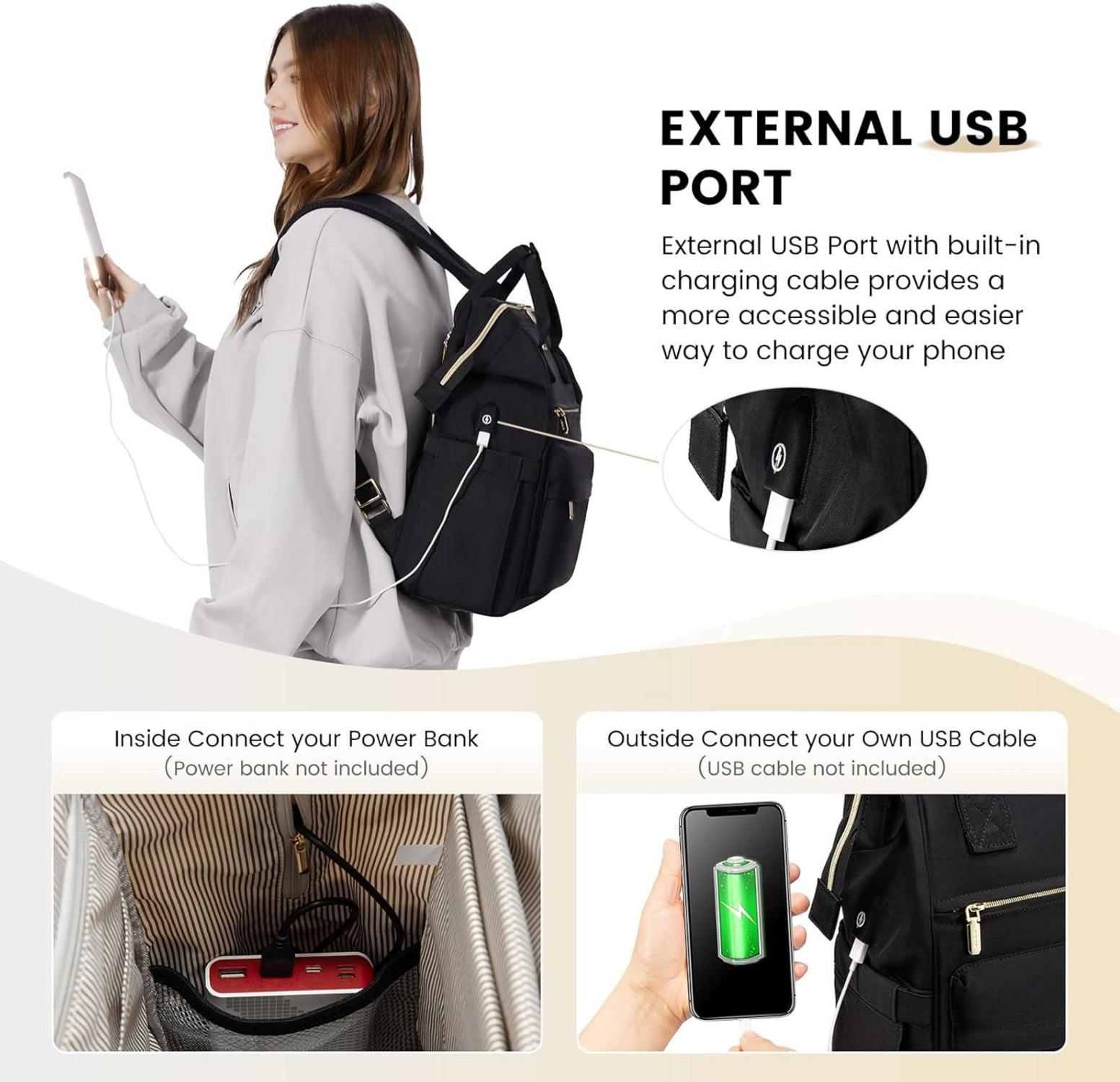 Damen Rucksack 15,6 Zoll Laptop Arbeitstasche USB Ladeanschluss Schwarz