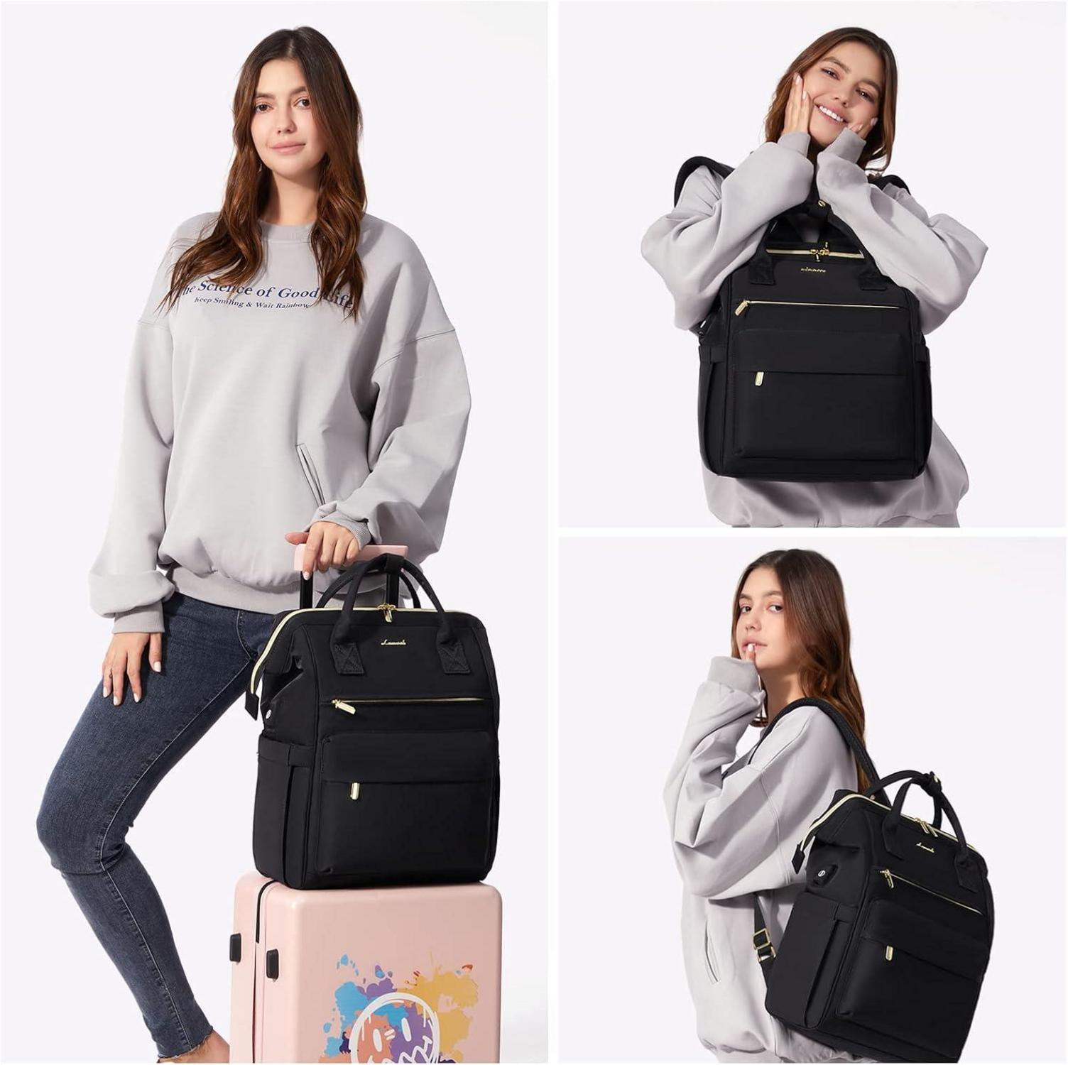 Damen Rucksack 15,6 Zoll Laptop USB Ladeanschluss Schwarz