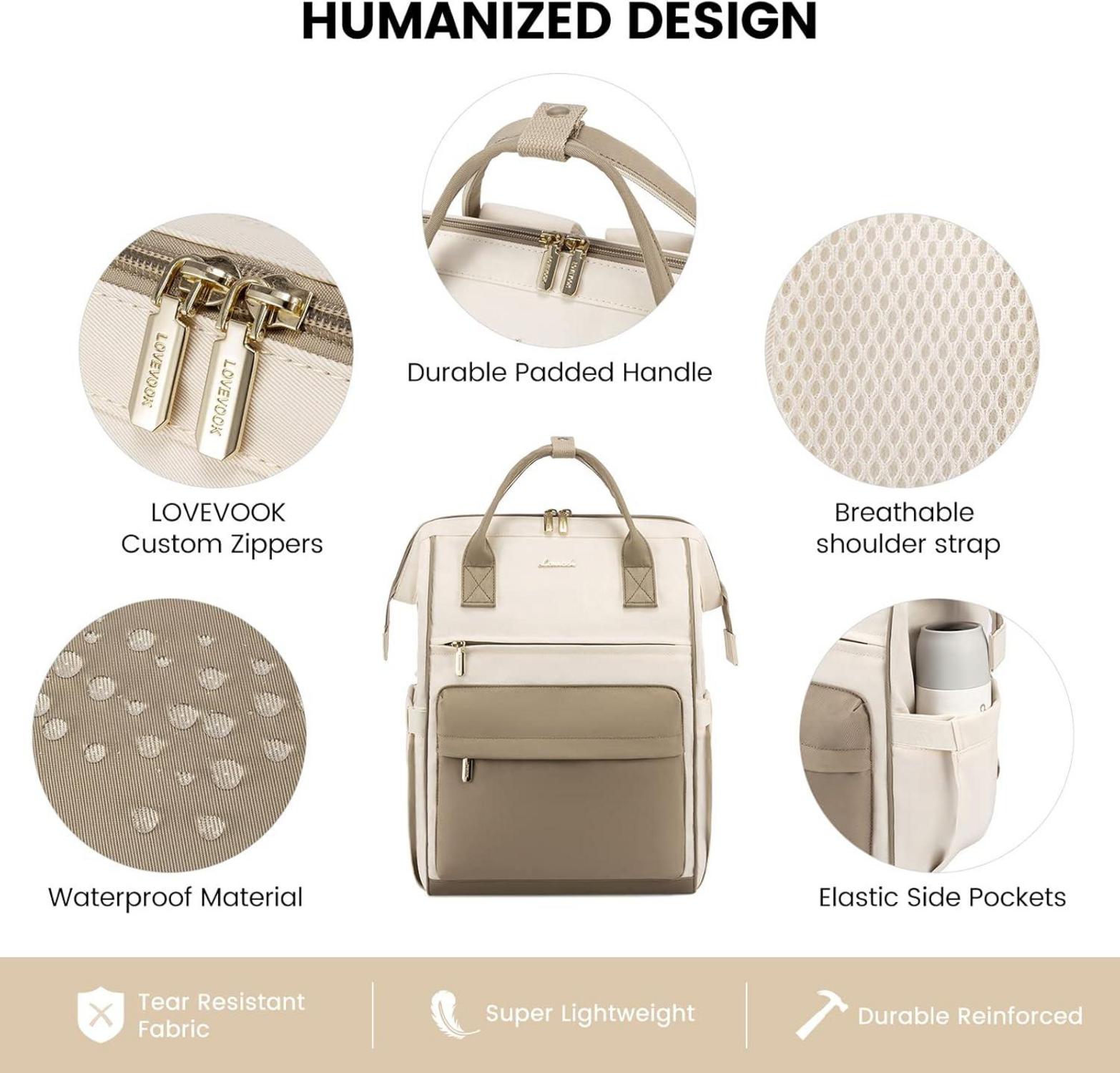 LOVEVOOK Damen Rucksack 15,6 Zoll Laptop USB Ladeanschluss Wasserdicht Beige Khaki