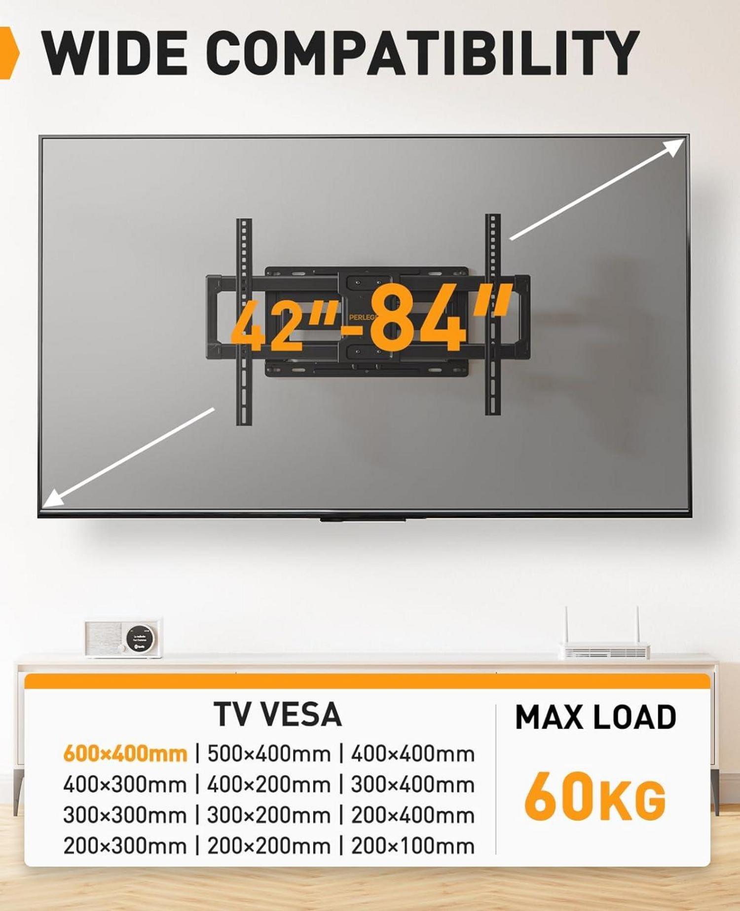 TV Wandhalterung Schwenkbar Neigbar 42-84 Zoll VESA 600x400mm