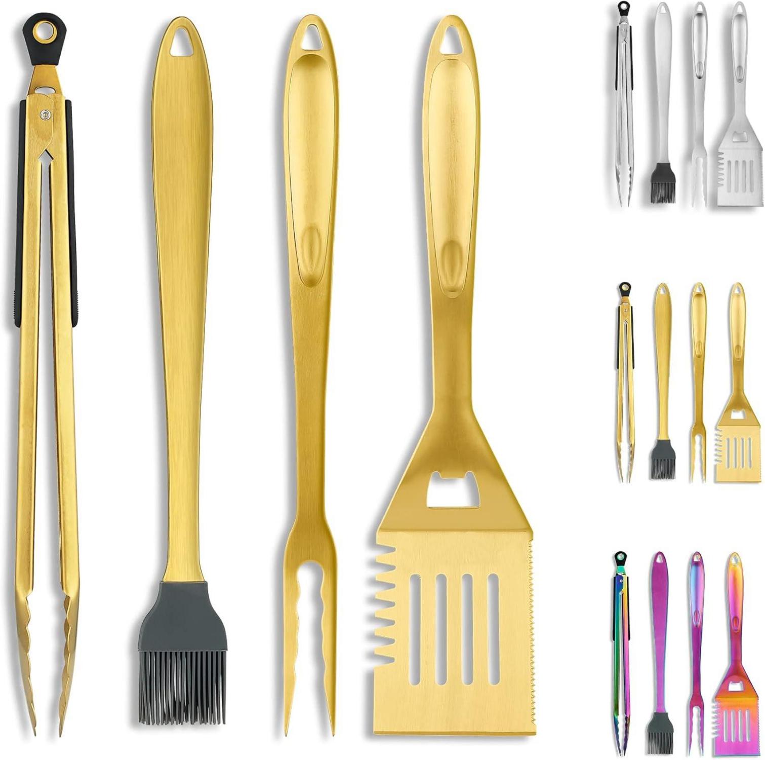 Grillbesteck Set 4TLG Titan Gold Beschichtung Edelstahl Bakelit Griff