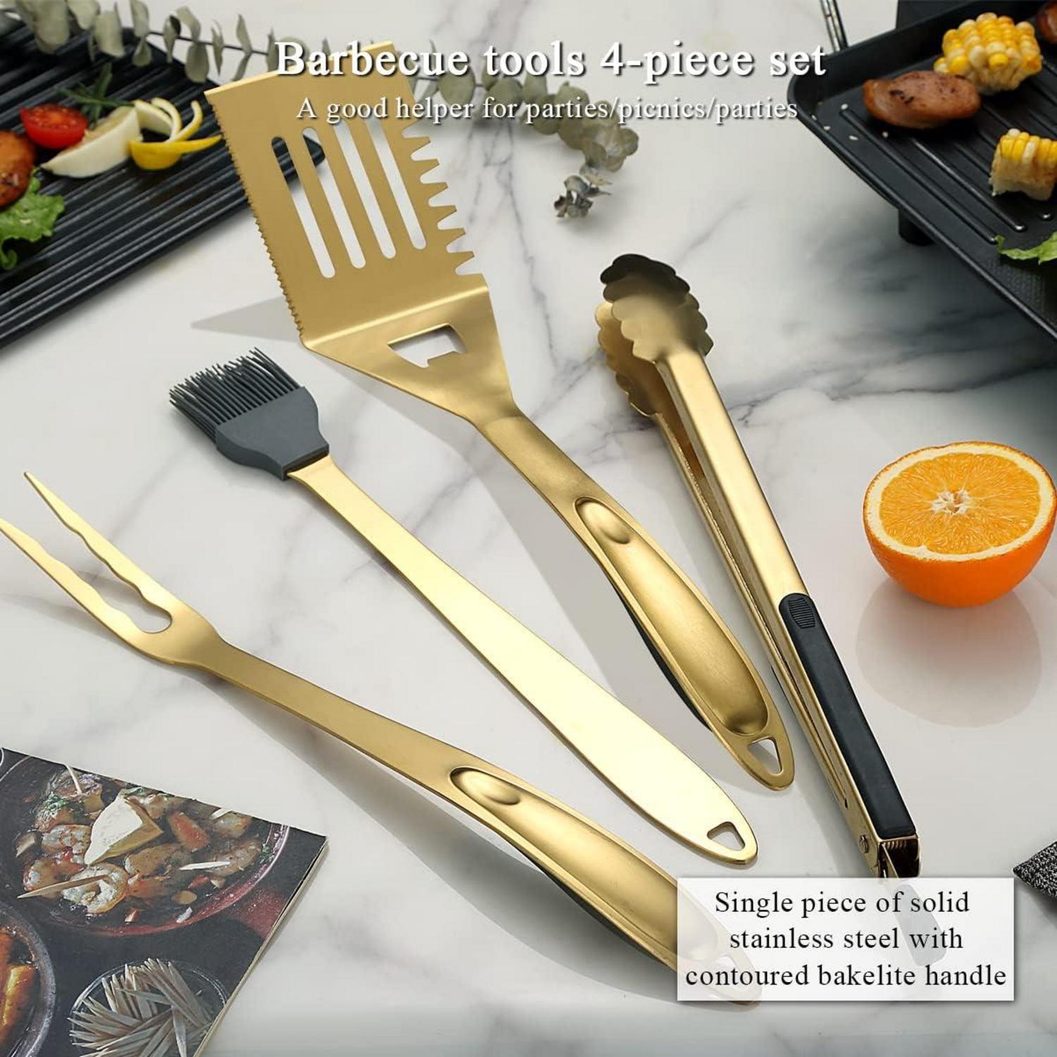 Grillbesteck Set 4TLG Titan Gold Beschichtung Edelstahl Bakelit Griff