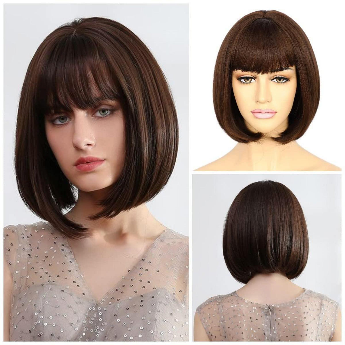 Dunkelbraune Bob Perücke mit Pony – Kurzes, natürliches Haar