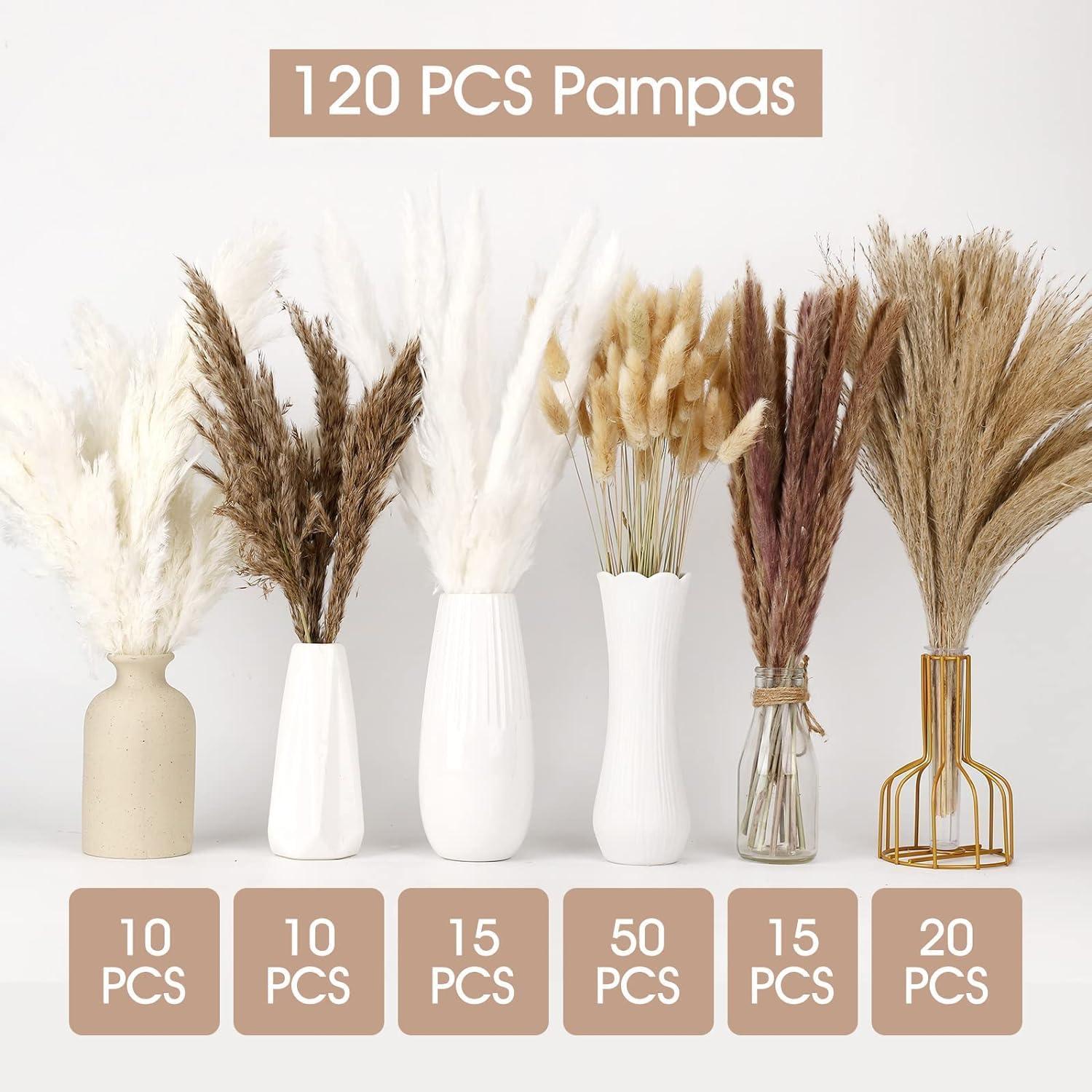 120 Stück Pampas Grass Deko Boho-Deko Natürliche Trockenblumen Weiß Lagurus Schilfblume Getrocknete Blumen
