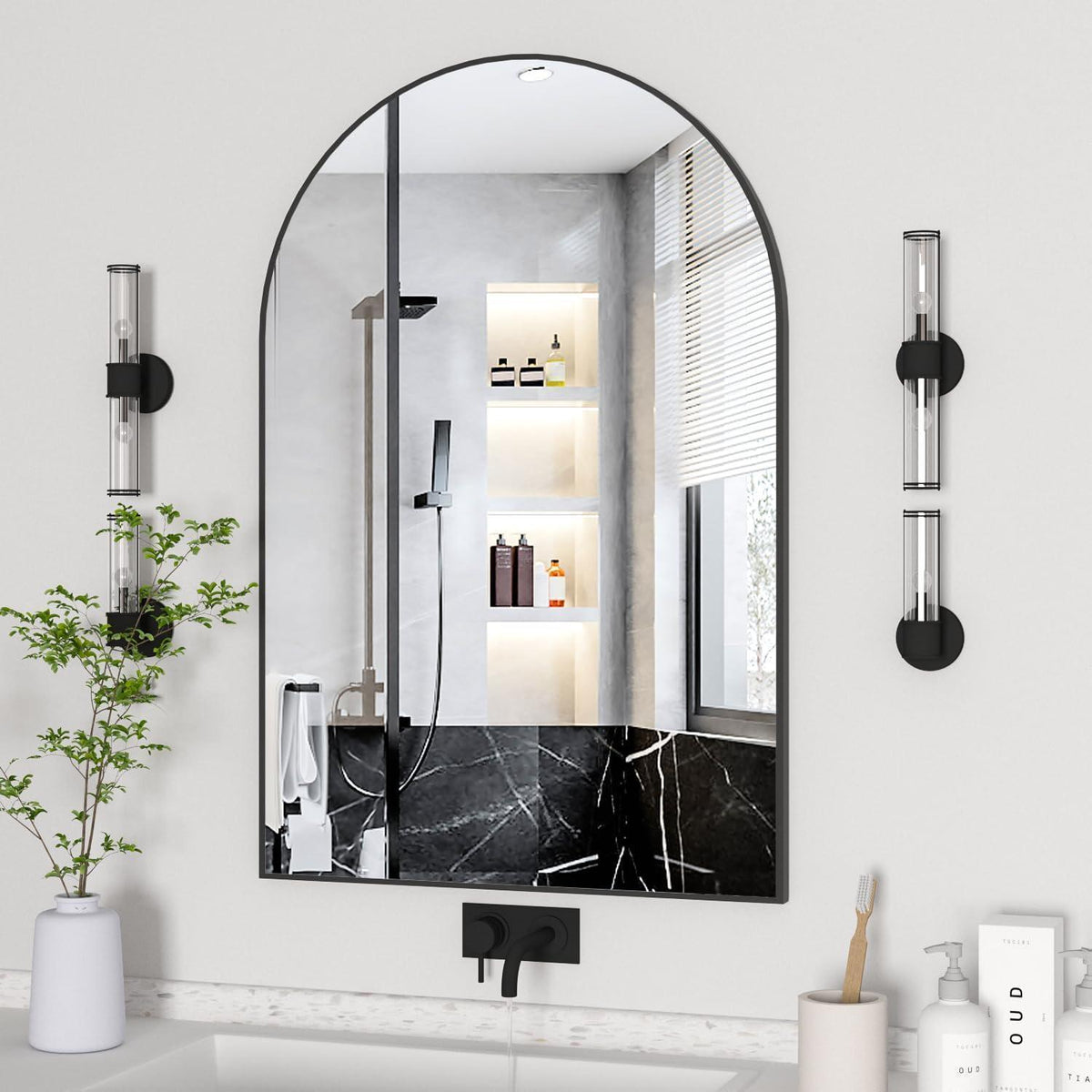 Gewölbter Badezimmerspiegel 50x75cm mit Metallrahmen – Wandspiegel Schwarz