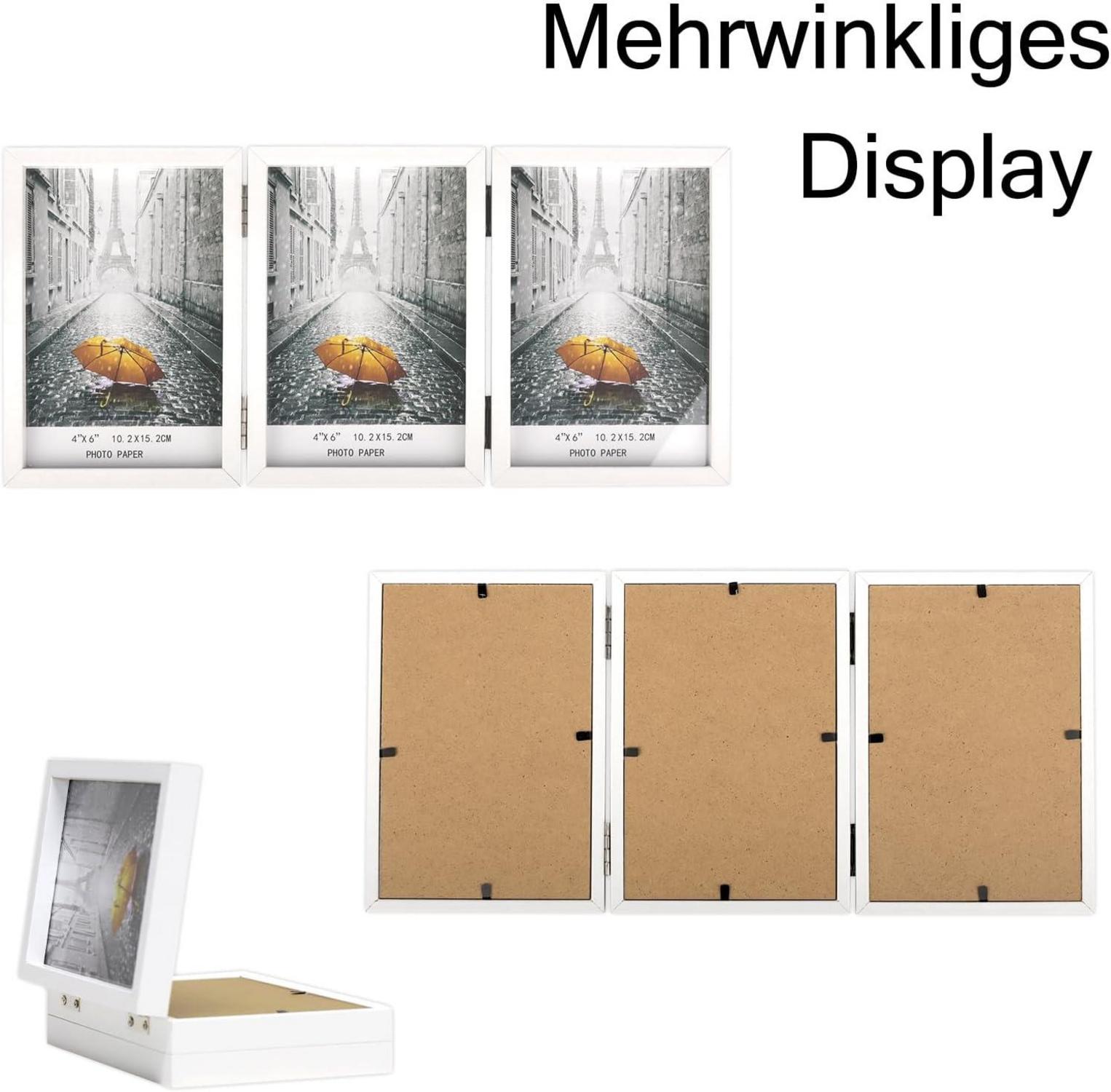 Bilderrahmen für 3 Fotos 10x15 cm Weiß Holz Aufklappbar mit Glasfront