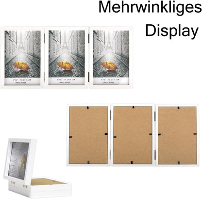Bilderrahmen für 3 Fotos 10x15 cm Weiß Holz Aufklappbar mit Glasfront